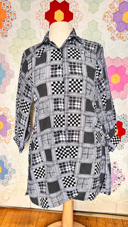 1960s black + white multi-pattern shirt, sz. small/medium