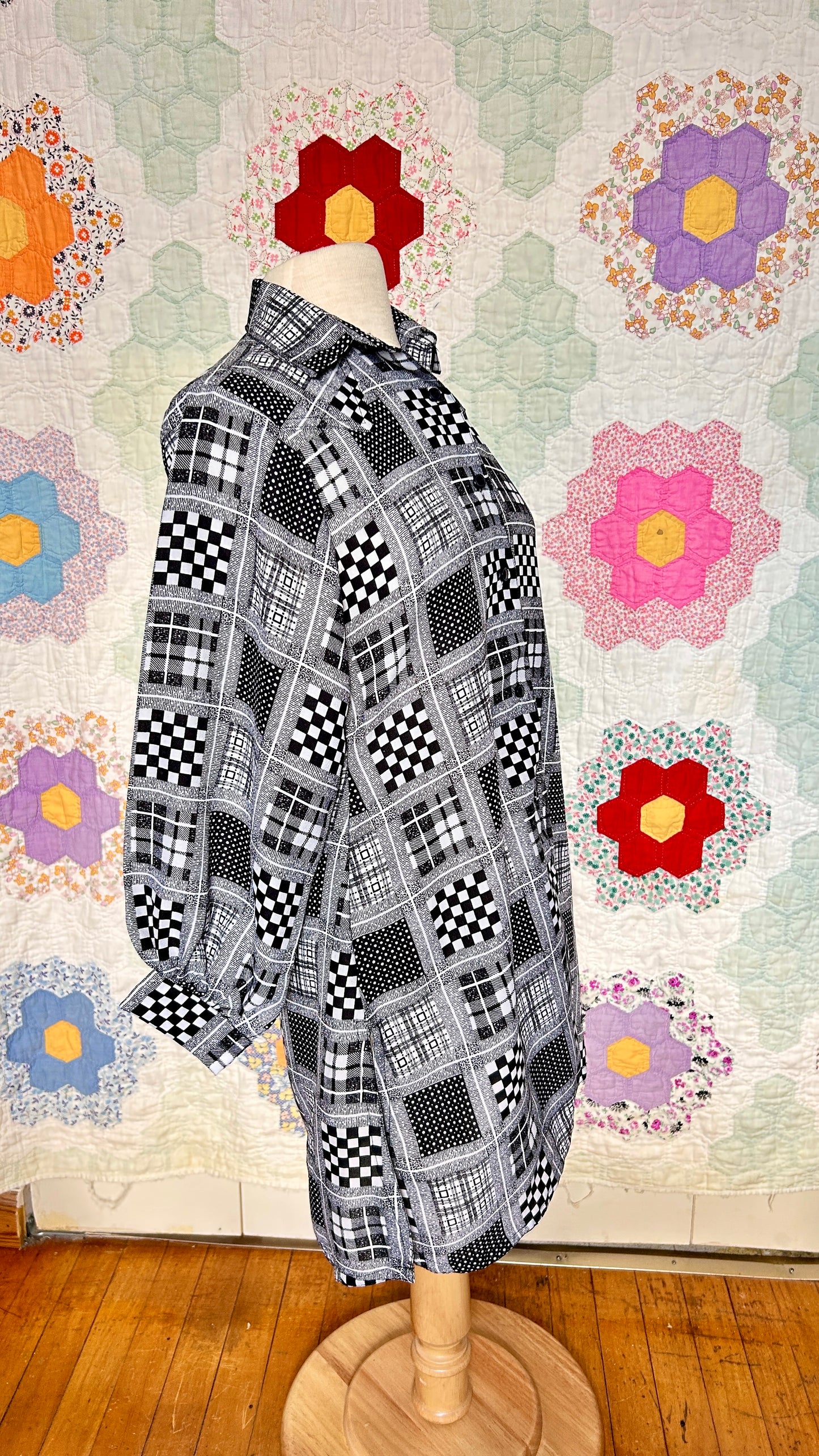 1960s black + white multi-pattern shirt, sz. small/medium