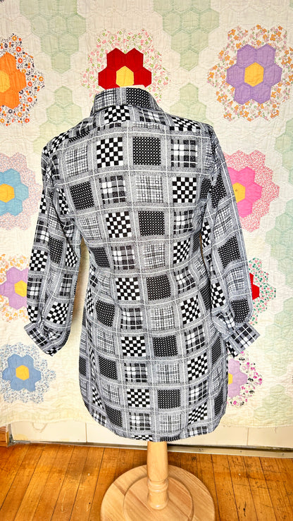 1960s black + white multi-pattern shirt, sz. small/medium