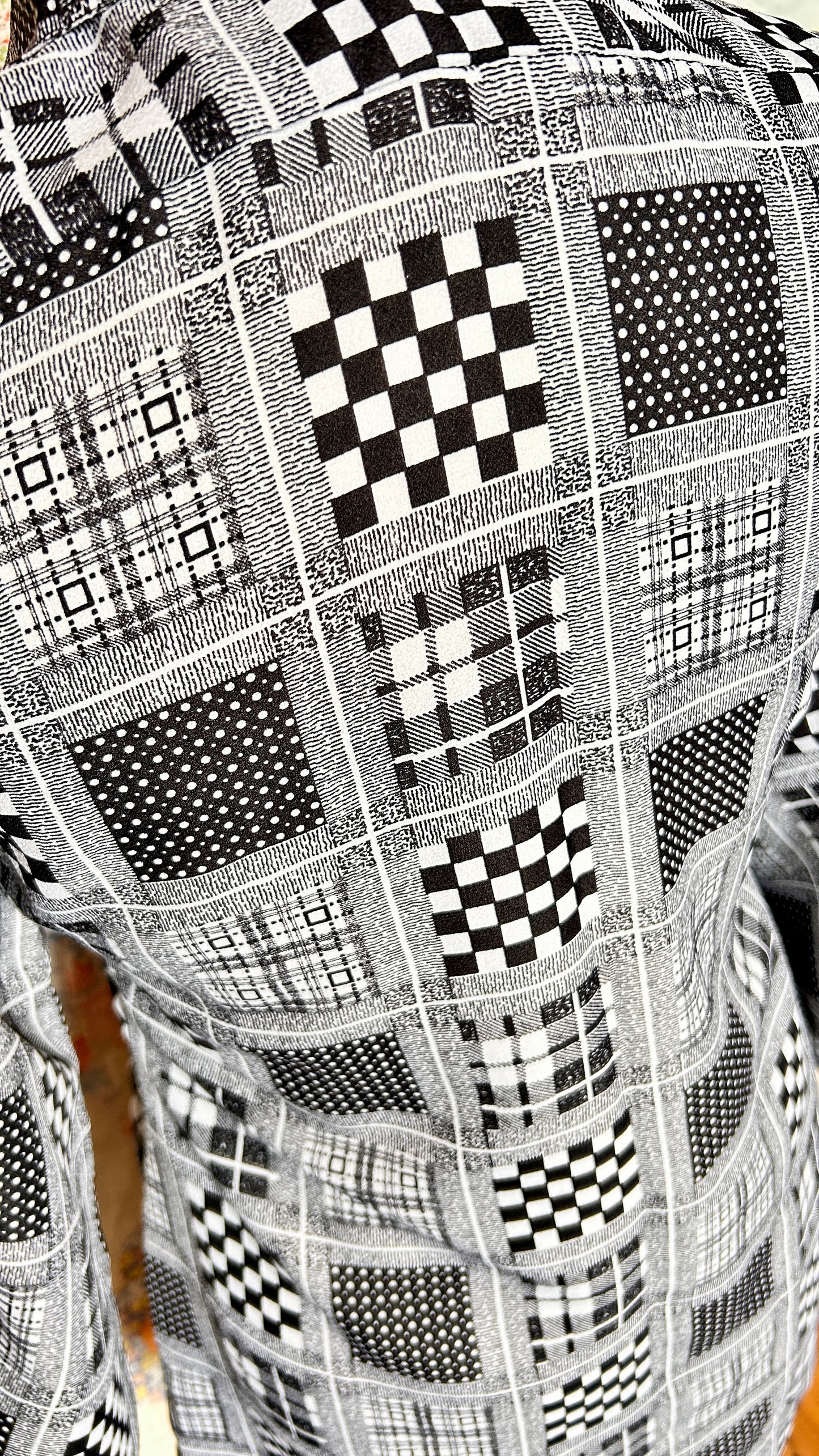 1960s black + white multi-pattern shirt, sz. small/medium