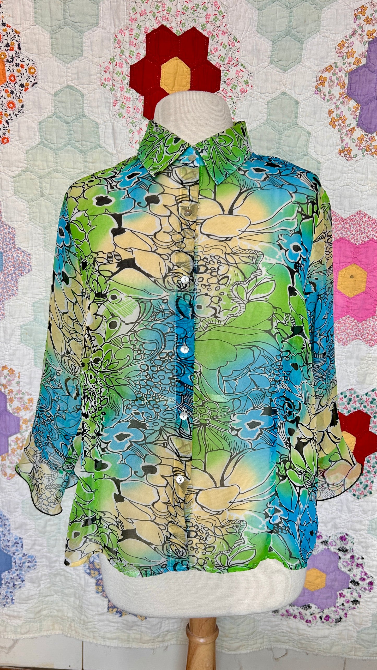 1990s sheer blue + green floral top, sz. large/XL