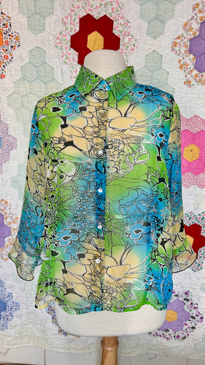 1990s sheer blue + green floral top, sz. large/XL