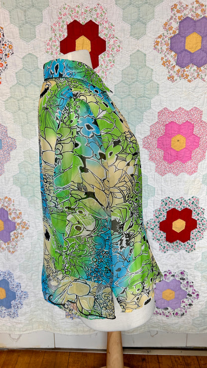 1990s sheer blue + green floral top, sz. large/XL
