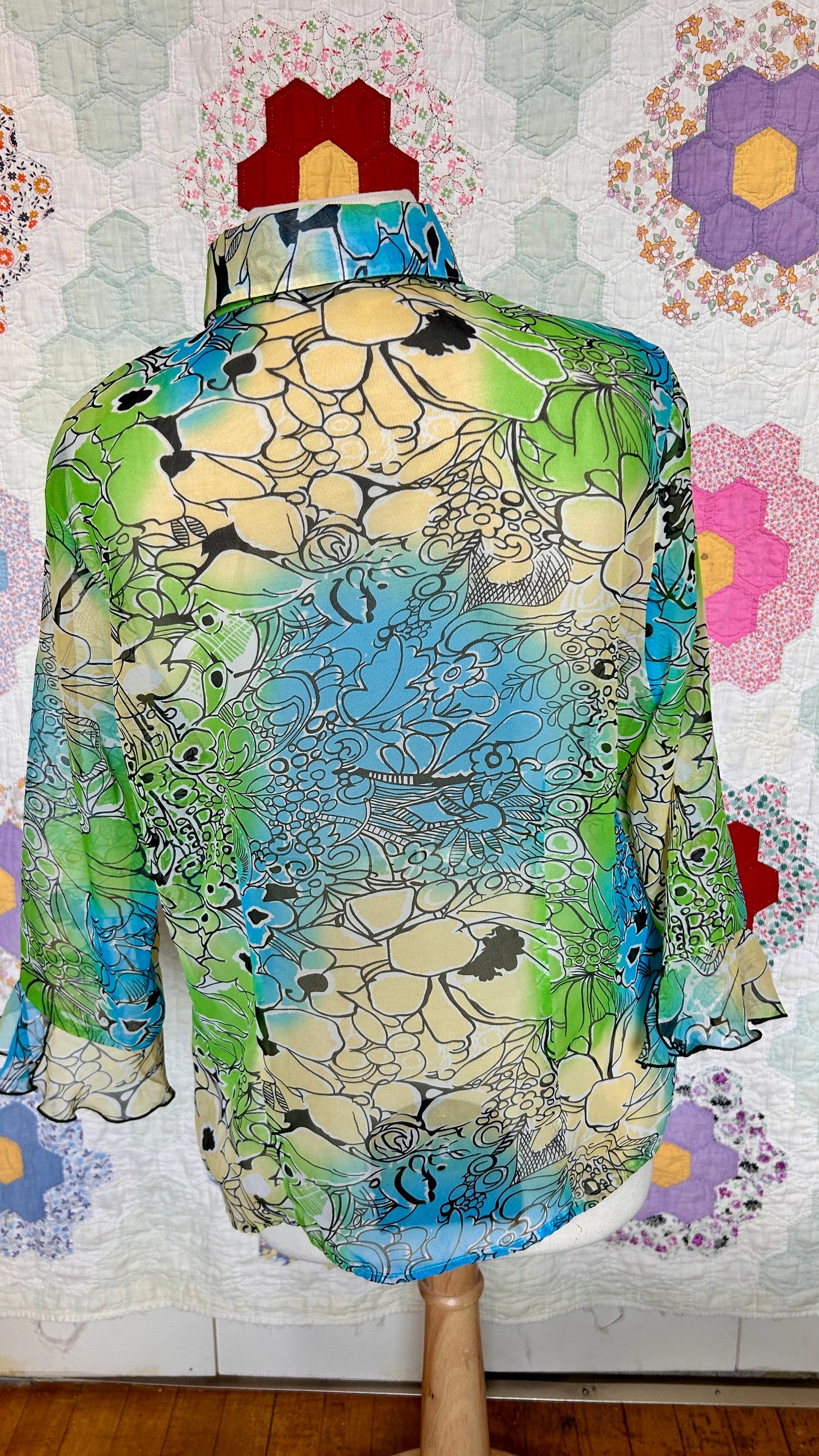 1990s sheer blue + green floral top, sz. large/XL