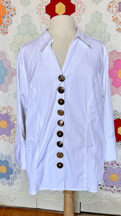 reworked white shirt with jumbo mismatched gold buttons, sz. 1X/2X