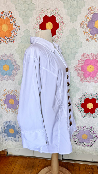 reworked white shirt with jumbo mismatched gold buttons, sz. 1X/2X