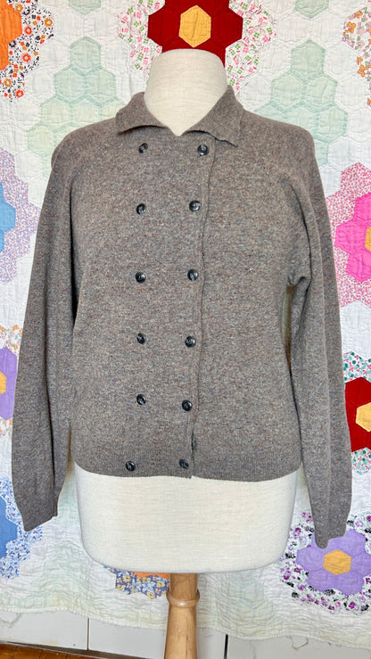 1990s taupe double-breasted cardigan sweater, sz. medium