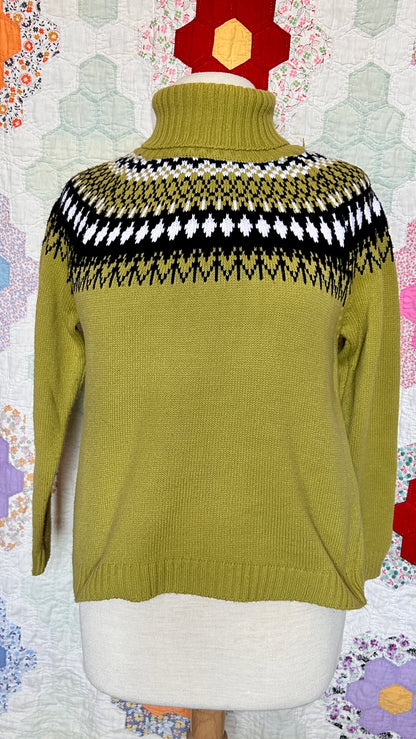 1990s green fair isle turtleneck sweater, sz. medium