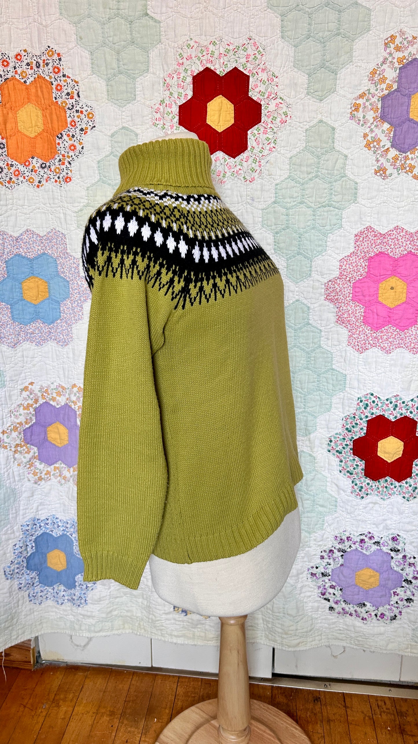 1990s green fair isle turtleneck sweater, sz. medium