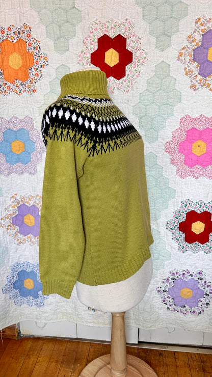 1990s green fair isle turtleneck sweater, sz. medium