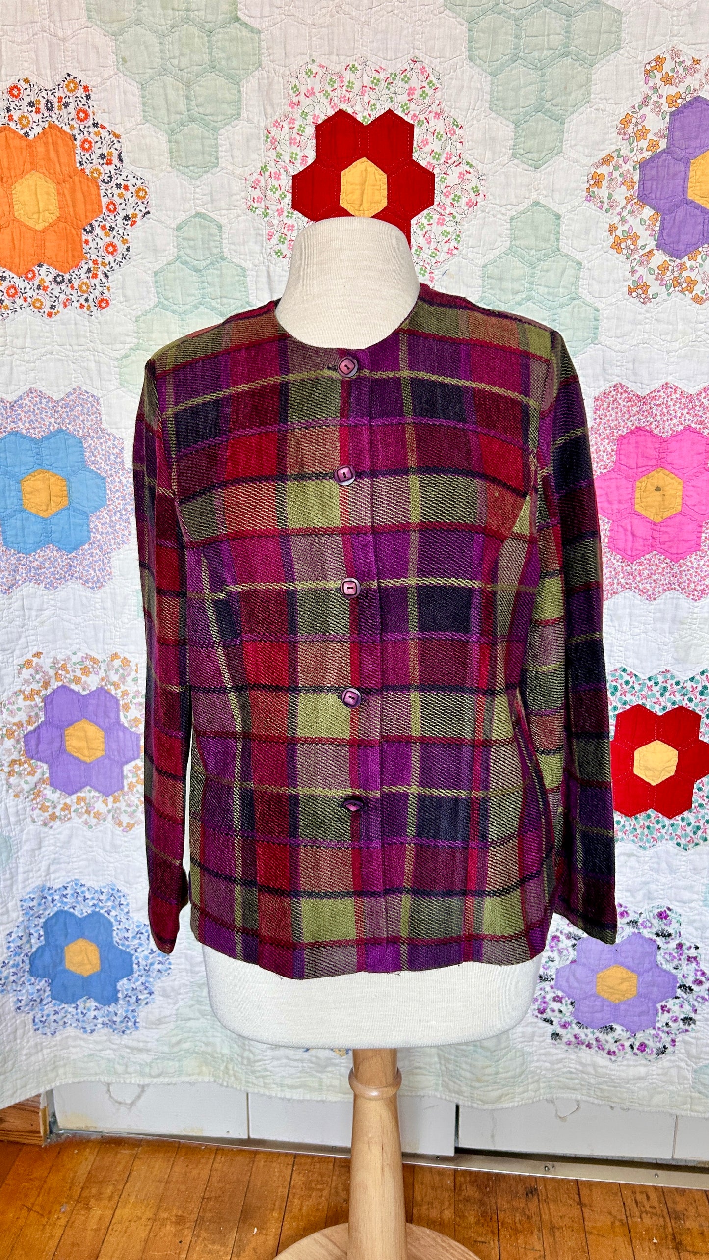 1990s maroon + green plaid jacket, sz. medium/large