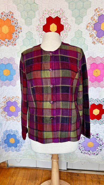 1990s maroon + green plaid jacket, sz. medium/large