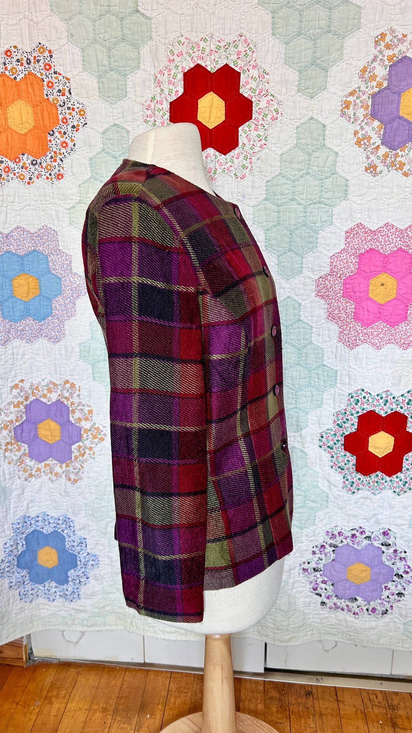 1990s maroon + green plaid jacket, sz. medium/large