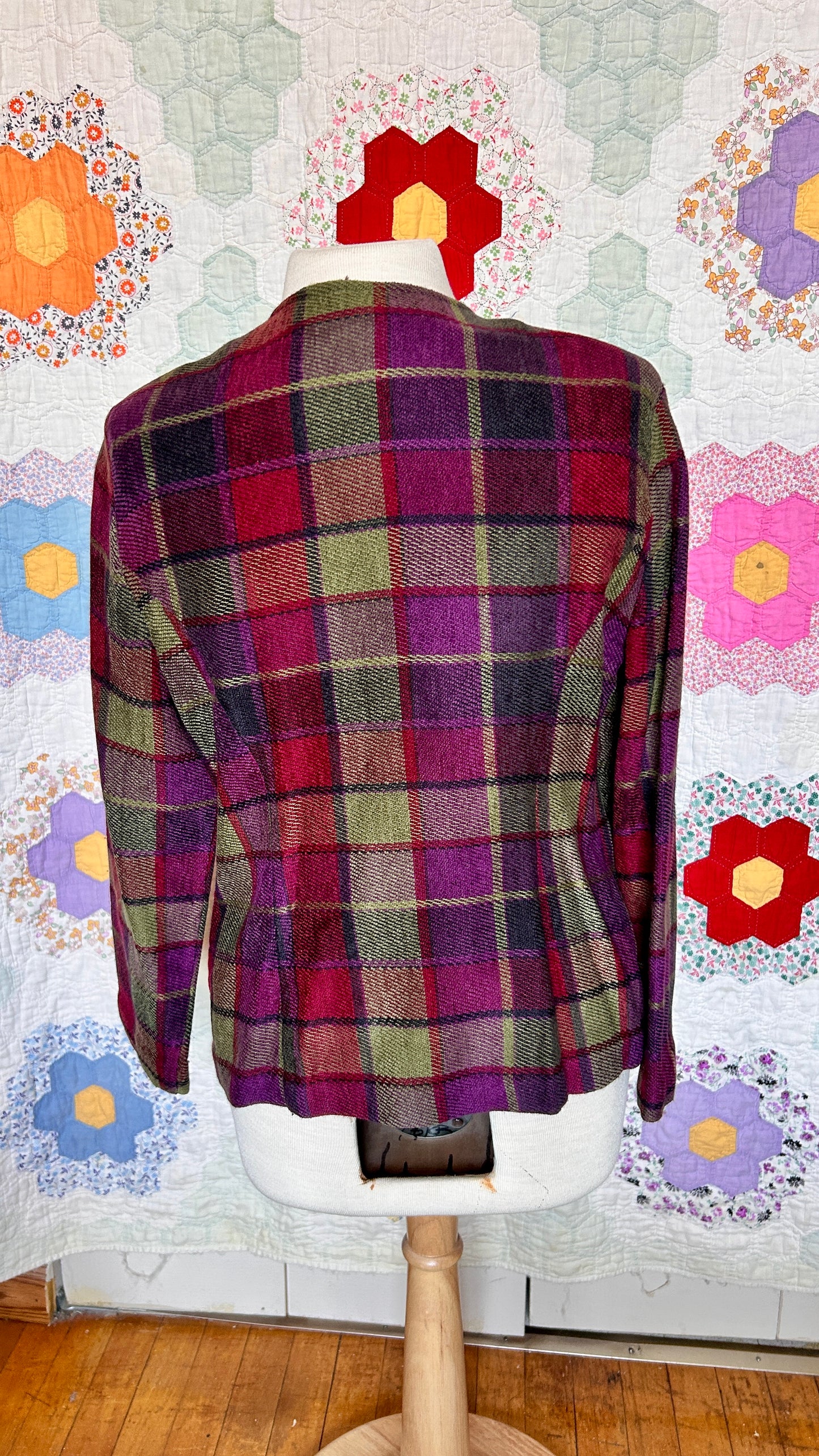 1990s maroon + green plaid jacket, sz. medium/large