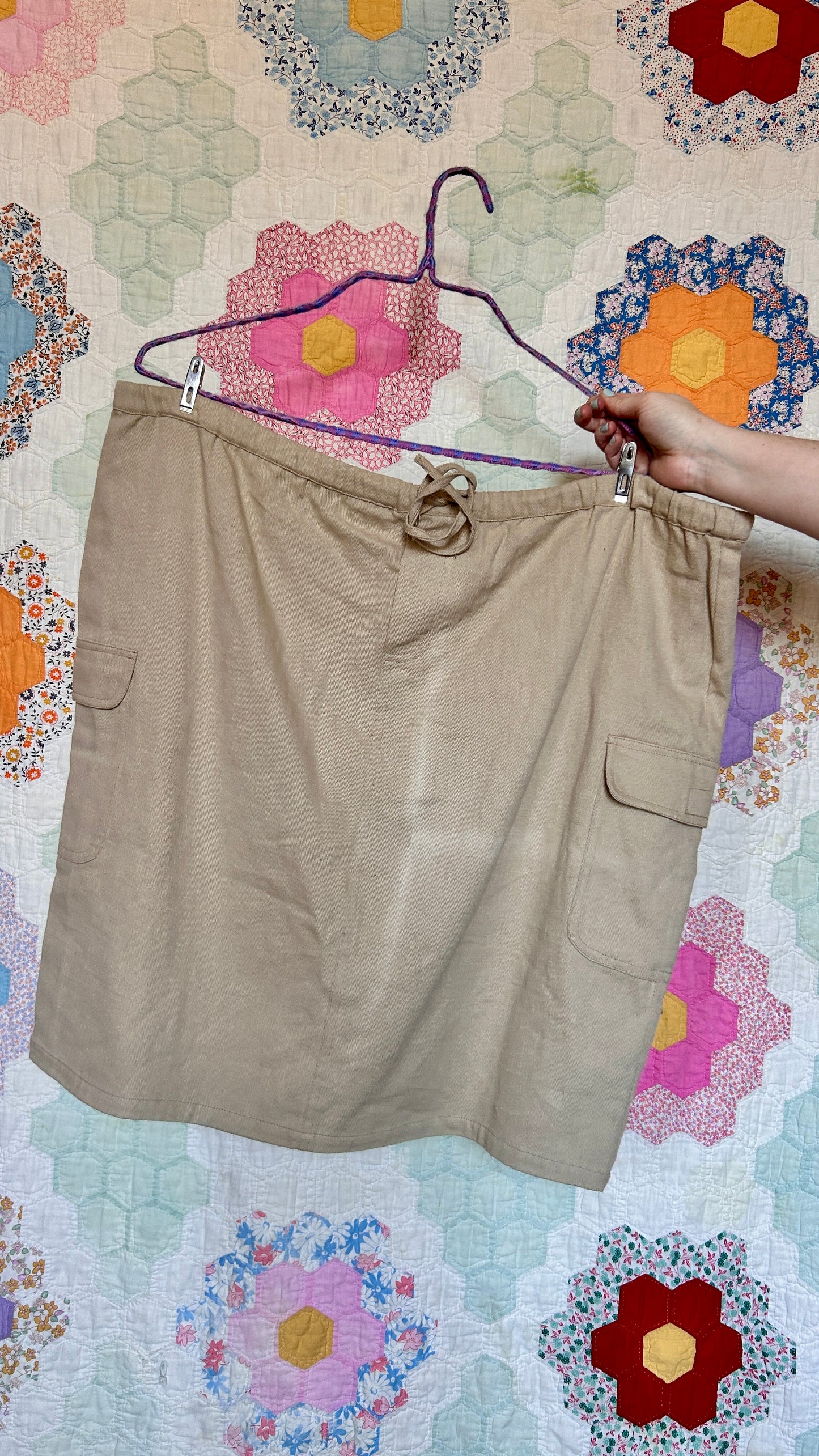 1980s khaki drawstring mini skirt, sz. 1X/2X