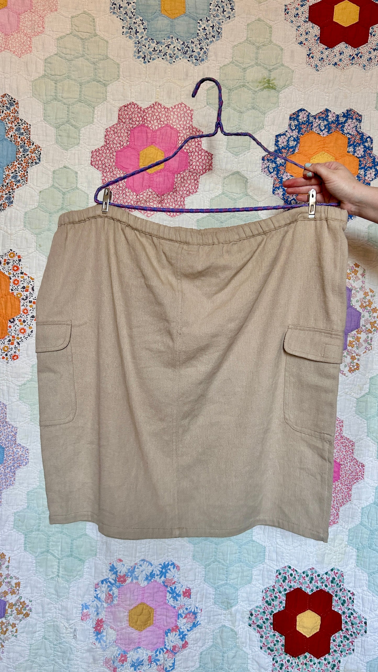 1980s khaki drawstring mini skirt, sz. 1X/2X