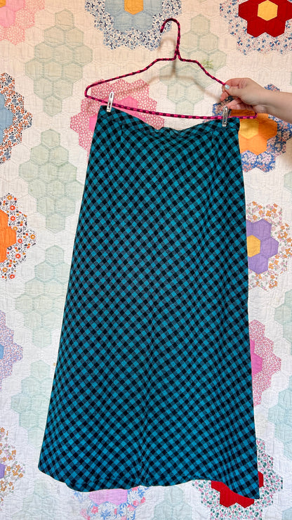 1960s teal + black plaid maxi skirt, sz. small/medium