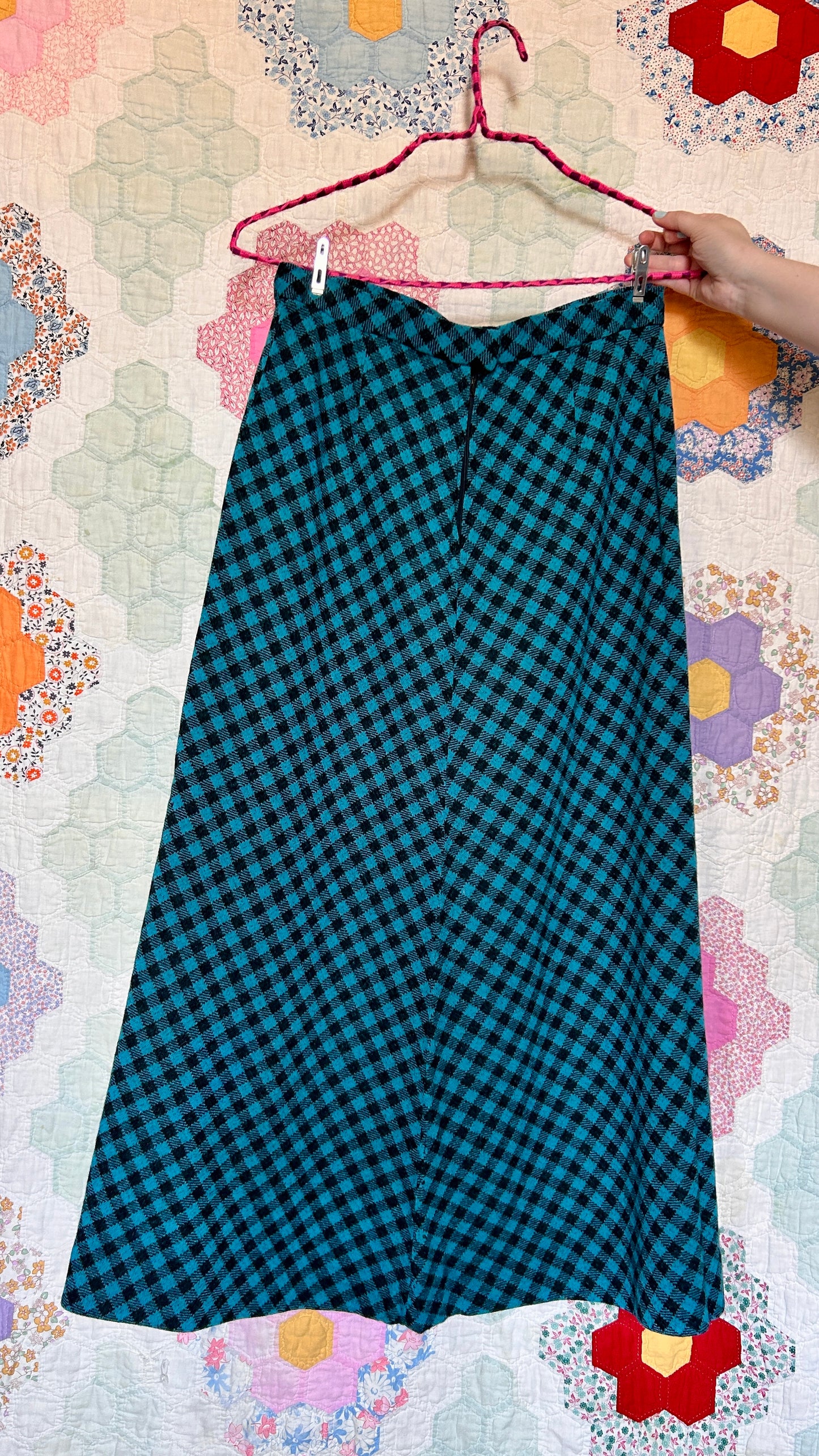 1960s teal + black plaid maxi skirt, sz. small/medium