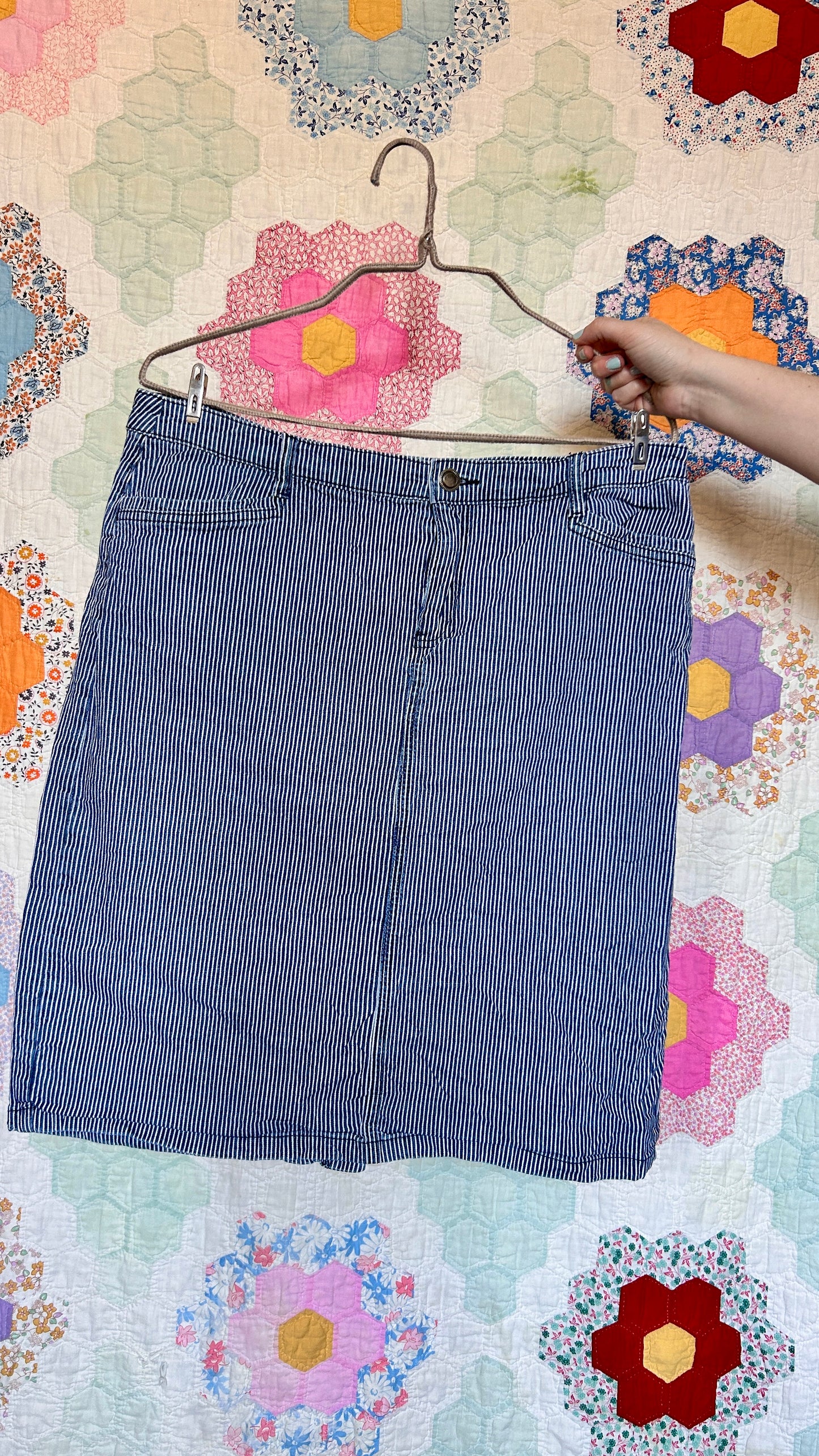 2000s striped denim mini skirt, sz. large