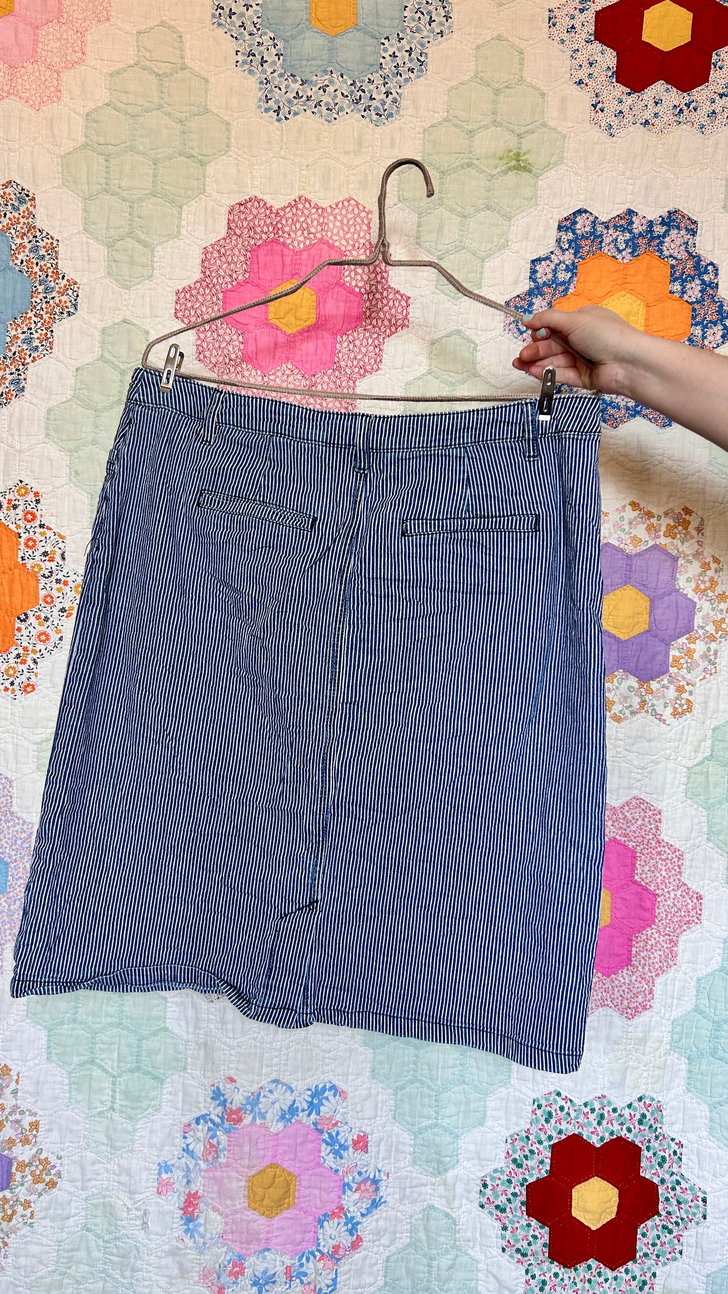 2000s striped denim mini skirt, sz. large