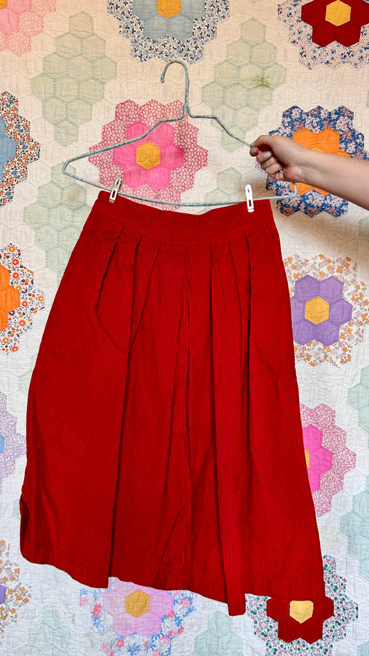 1990s red pleated corduroy midi skirt, sz. small