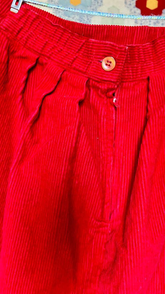 1990s red pleated corduroy midi skirt, sz. small