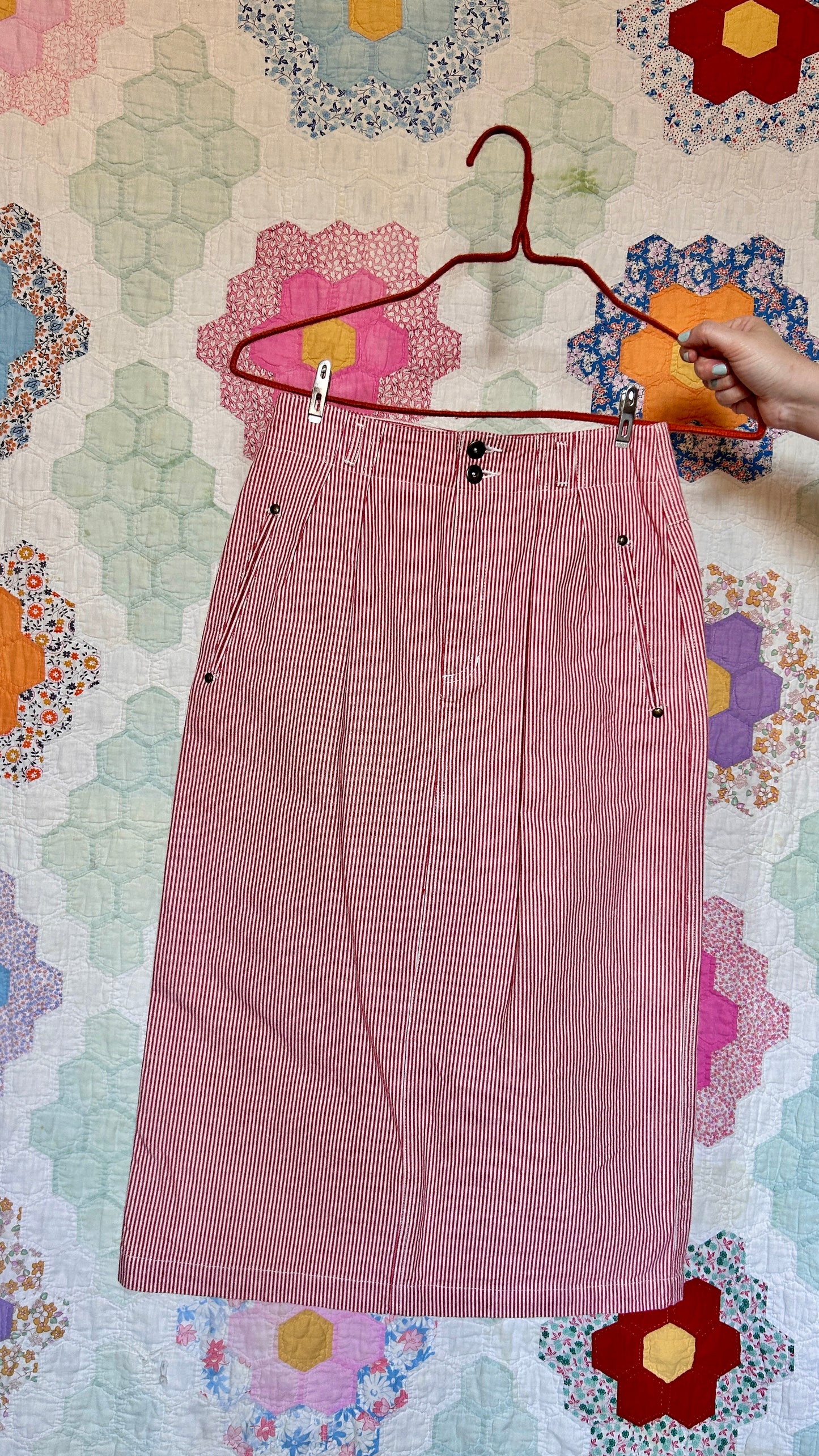 1980s red + white stripe midi skirt, sz. small