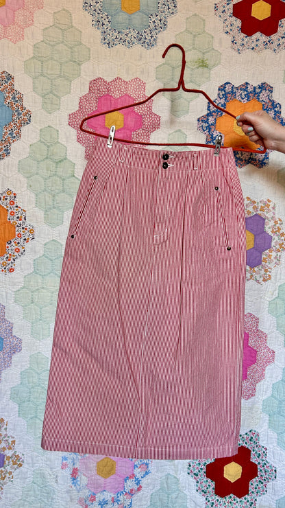 1980s red + white stripe midi skirt, sz. small
