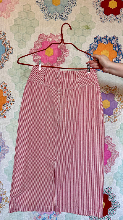 1980s red + white stripe midi skirt, sz. small