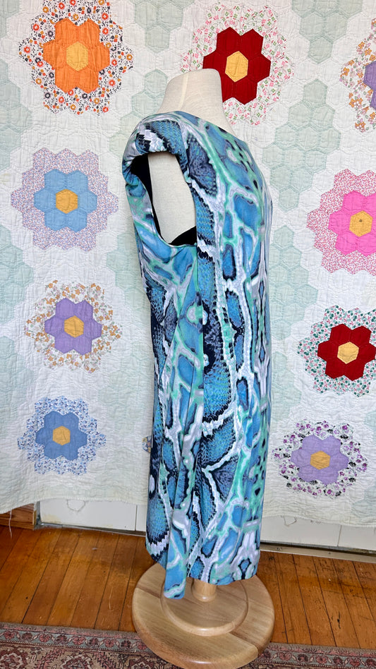 2000s blue snake skin pattern dress, sz. XL/1X