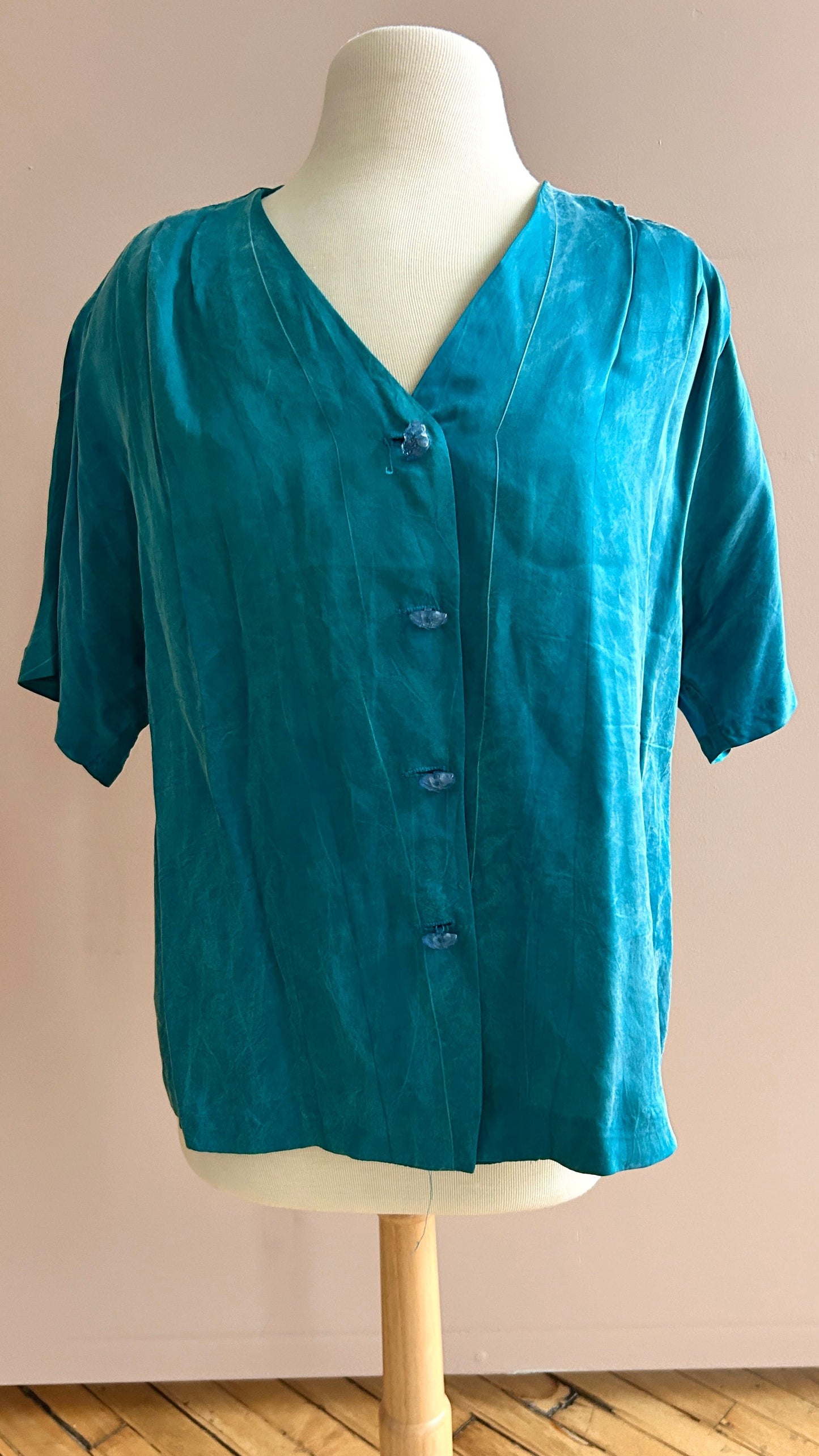 1980s teal v-neck blouse, sz. large