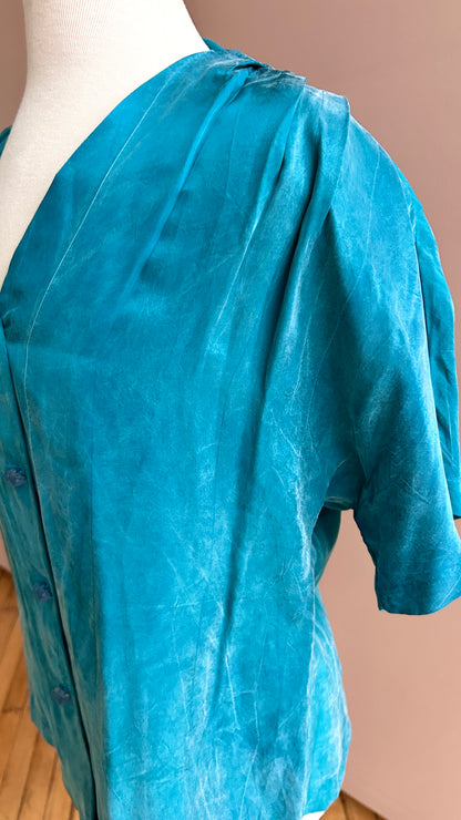 1980s teal v-neck blouse, sz. large