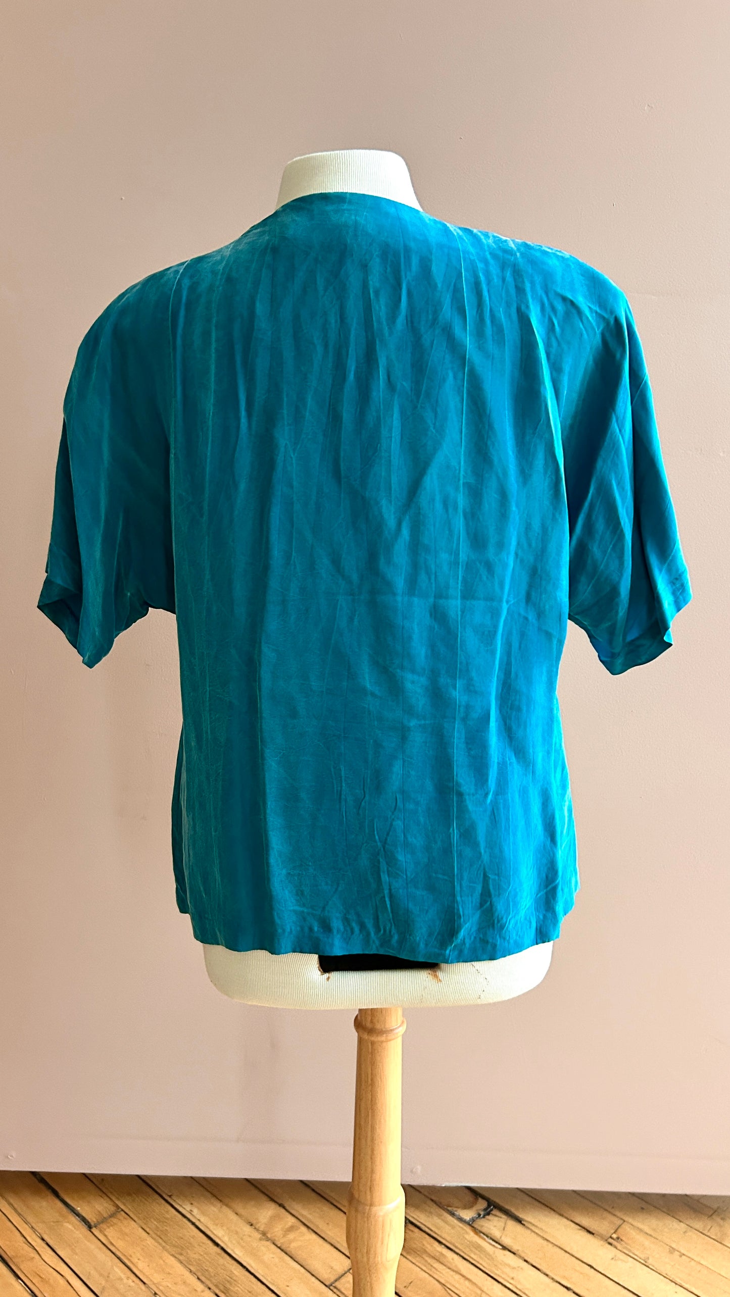 1980s teal v-neck blouse, sz. large