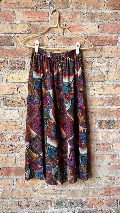 1980s geometric pattern silk skirt, sz. medium/large