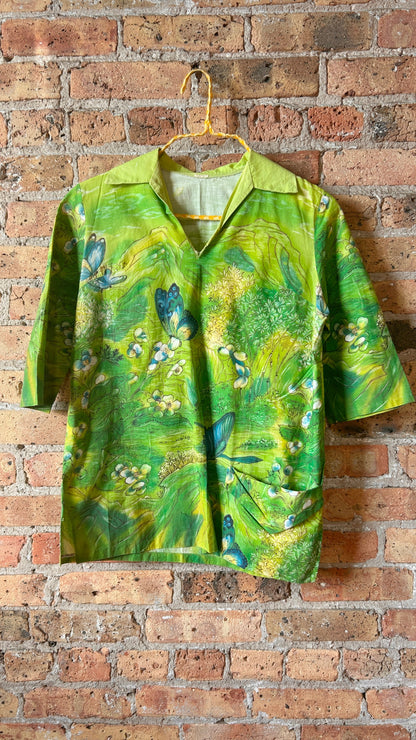 1970s green illustrated top, sz. small/medium