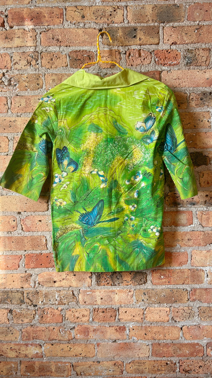 1970s green illustrated top, sz. small/medium