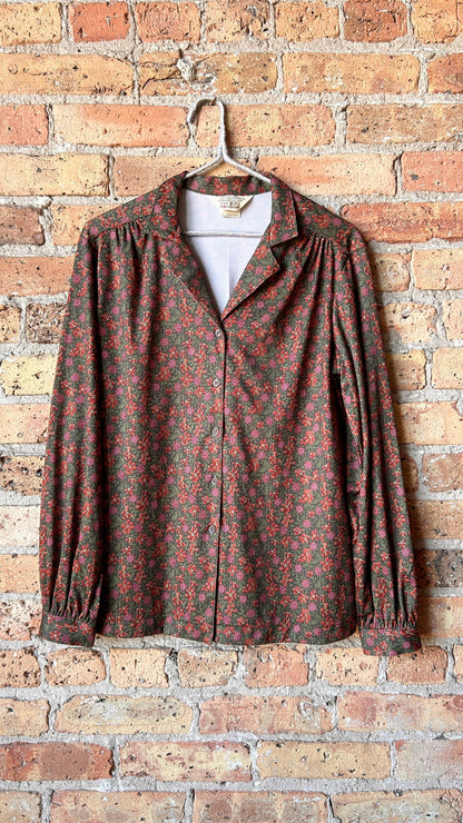 1960s dark green floral shirt, sz. large