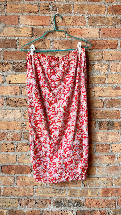 1980s red floral midi skirt, sz. medium